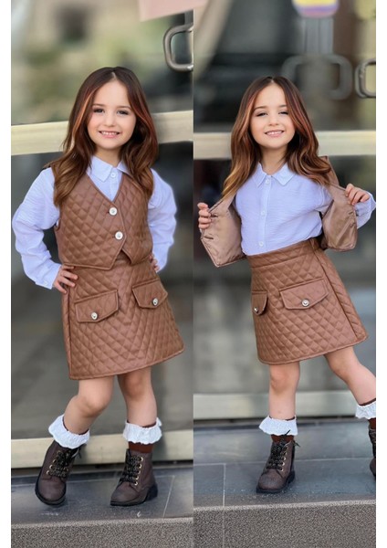 Deri Kapitoneli 3 Lü Kız Çocuk takım - Kahverengi