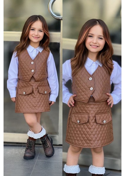 Deri Kapitoneli 3 Lü Kız Çocuk takım - Kahverengi fiyatları