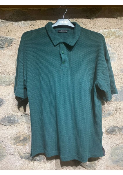men Erkek Yarım Pat Gömlek Yaka Desenli Oversize Triko T-Shirt Yeşil
