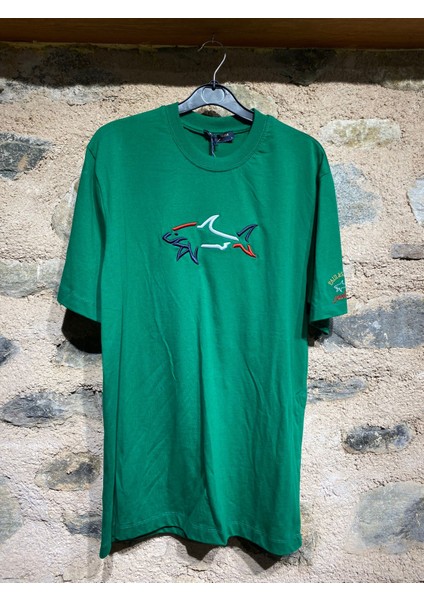 men Köpekbalığı Nakış Işlemeli T-Shirt - Yeşil