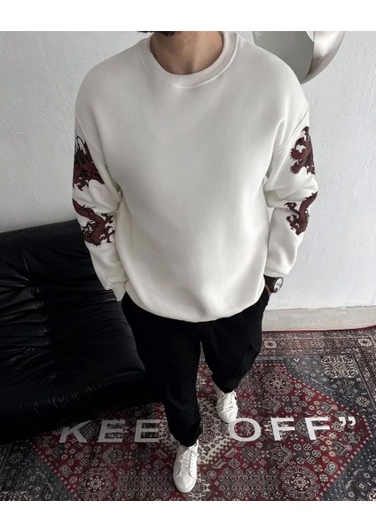 Kışlık Bisiklet Yaka Baskılı Sweatshirt - Beyaz