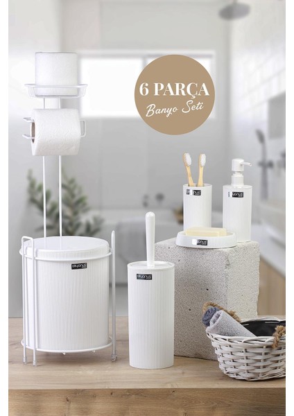 Beyaz Mina Yedekli Wc Kağıtlık Ve 6 Parça Banyo Seti