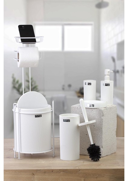 Beyaz Mina Yedekli Wc Kağıtlık Ve 6 Parça Banyo Seti