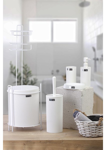 Beyaz Mina Yedekli Wc Kağıtlık Ve 6 Parça Banyo Seti