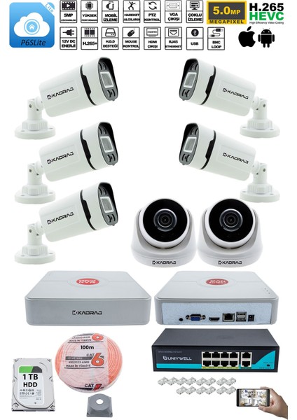Ip Güvenlik Kamera Seti - 2 İç Mekan Ip Kamera 5 Dış Mekan Ip Kamera 1 Tb H.d.d 9 Kanal Nvr Gece Görüş Uzaktan İzleme Hareket Tabiki İnsan Tespi