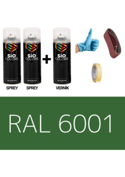 2 Adet Sprey+1 Adet Vernik Zümrüt Yeşil RAL-6001 Sprey Boya Seti 400 Ml+Zımpara+Kağıtbant+Eldiven