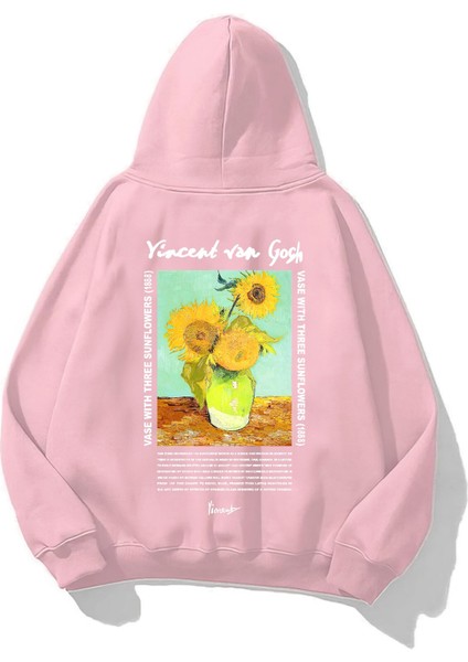 Kapüşonlu Içi Polar Vincent Van Gogh Baskılı Pembe Hoodie Sweatshirt