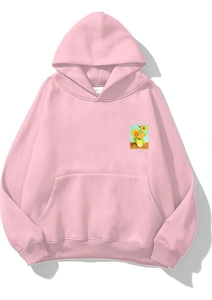 Kapüşonlu Içi Polar Vincent Van Gogh Baskılı Pembe Hoodie Sweatshirt fiyatları