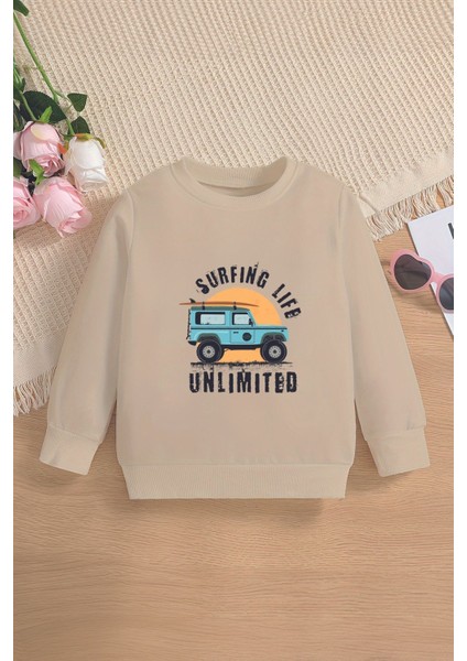 Trend Premium Surfing Life Arazi Arabası Baskılı Oversize Kapüşonlu Çocuk Sweatshirt 13795