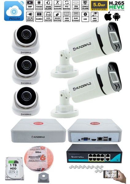 Ip Güvenlik Kamera Seti - 3 İç Mekan Ip Kamera 2 Dış Mekan Ip Kamera 1 Tb H.d.d 9 Kanal Nvr Gece Görüş Uzaktan İzleme Hareket Tabiki İnsan Tespi