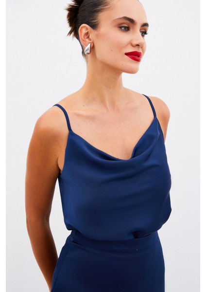 Degaje Yaka Saten Bluz - Lacivert