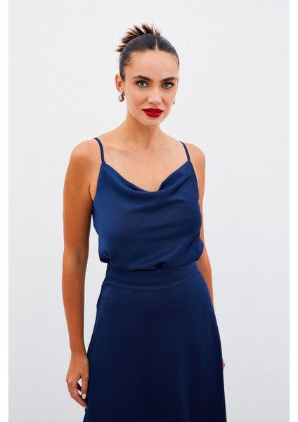 Degaje Yaka Saten Bluz - Lacivert modelleri