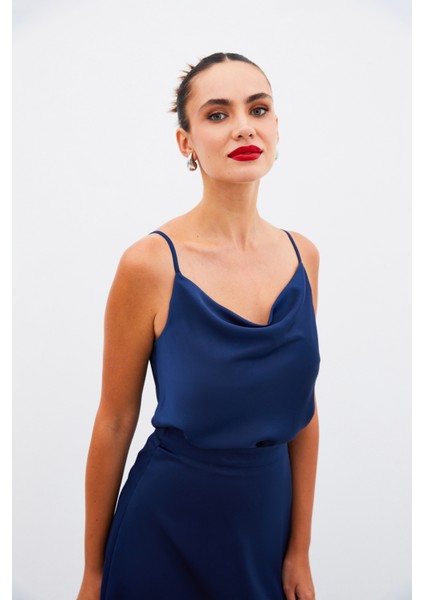 Degaje Yaka Saten Bluz - Lacivert indirimleri