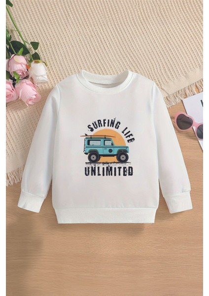 Trend Premium Surfing Life Arazi Arabası Baskılı Oversize Kapüşonlu Çocuk Sweatshirt 13795