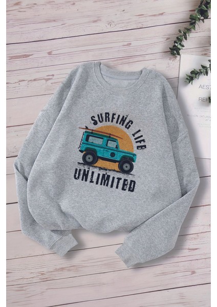 Trend Premium Surfing Life Arazi Arabası Baskılı Oversize Kapüşonlu Çocuk Sweatshirt 13795