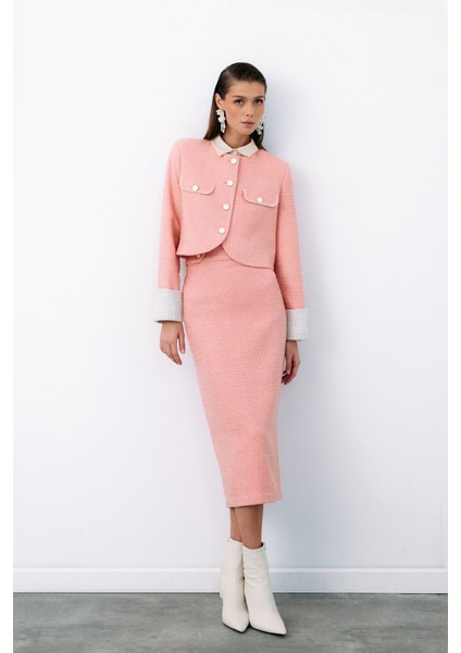 Süs Düğmeli Tüvit Kalem Etek - Pudra