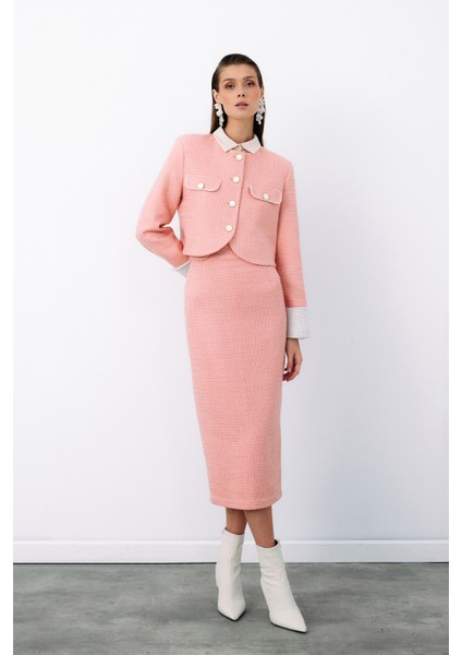 Süs Düğmeli Tüvit Kalem Etek - Pudra fiyatları