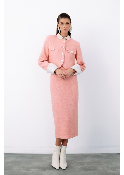 Süs Düğmeli Tüvit Kalem Etek - Pudra modelleri