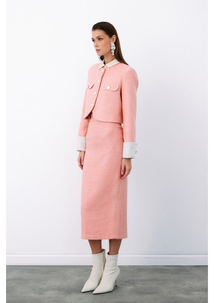 Süs Düğmeli Tüvit Kalem Etek - Pudra fırsatları