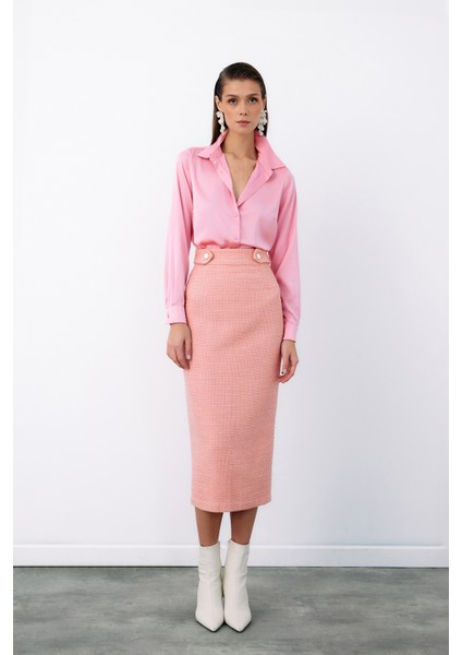 Süs Düğmeli Tüvit Kalem Etek - Pudra indirimleri