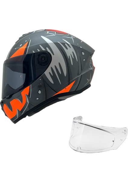 Draken S Pumpkin Mat Fluo Orange Desenli Motosiklet Kaskı Çift Vizörlü