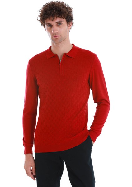 Kırmızı Regular Fit Jakarlı Polo Yaka Yünlü Triko Kazak