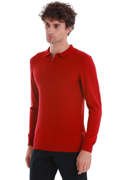 Kırmızı Regular Fit Jakarlı Polo Yaka Yünlü Triko Kazak fırsatları