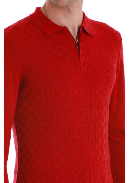 Kırmızı Regular Fit Jakarlı Polo Yaka Yünlü Triko Kazak indirimleri