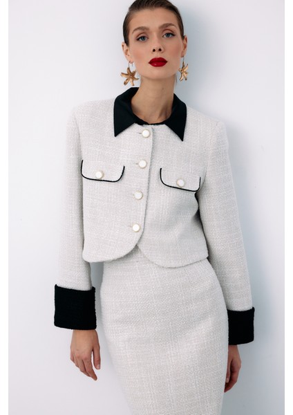 Kontrast Kısa Tüvit Ceket - Taş