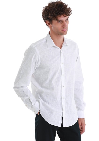 Beyaz Comfort Fit Baskılı Slim Yaka Uzun Kollu Spor Gömlek modelleri