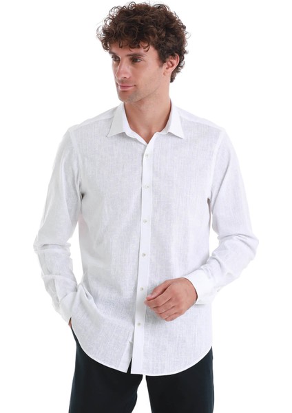 Beyaz Comfort Fit Baskılı Slim Yaka Uzun Kollu Spor Gömlek fırsatları