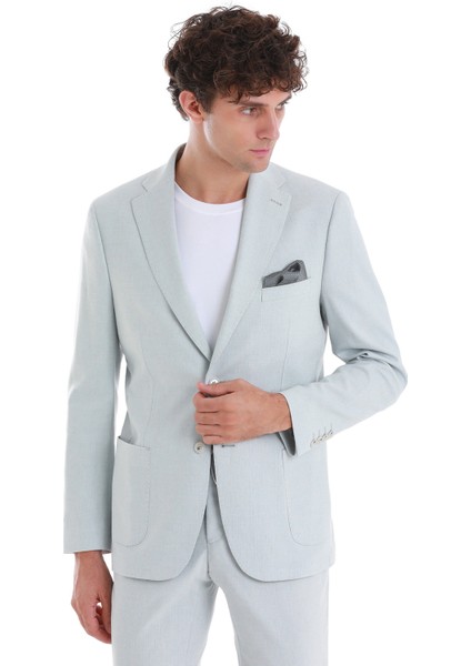 Mavi Slim Fit Düz Mono Yaka Keten Takım Elbise