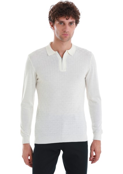 Ekru Regular Fit Jakarlı Polo Yaka Yünlü Triko Kazak