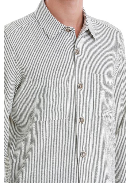 Yeşil Klasik Fit Çizgili Uzun Kollu Overshirt Gömlek Ceket