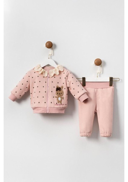 Kız Bebe Tavşan Detaylı Fırfır Yakalı hırkalı takım - Pembe