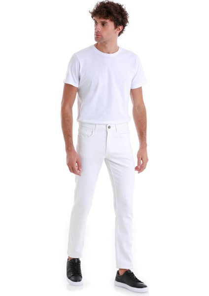 Beyaz Regular Fit Düz 5 Cep Pamuklu Kot Pantolon
