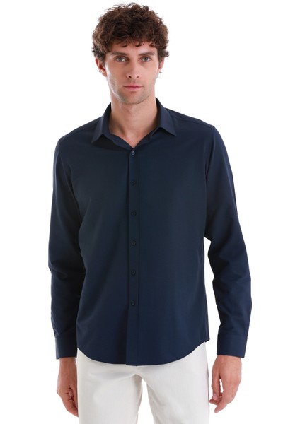 Lacivert Slim Fit Düz Slim Yaka Pamuklu Uzun Kollu Gömlek