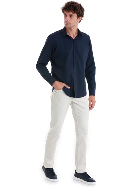 Lacivert Slim Fit Düz Slim Yaka Pamuklu Uzun Kollu Gömlek fiyatları