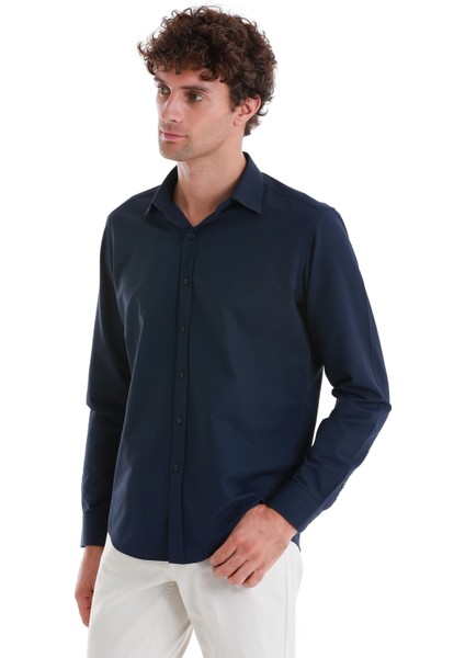 Lacivert Slim Fit Düz Slim Yaka Pamuklu Uzun Kollu Gömlek modelleri