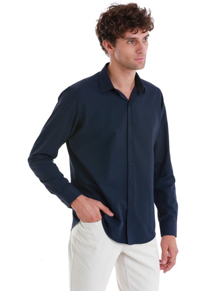 Lacivert Slim Fit Düz Slim Yaka Pamuklu Uzun Kollu Gömlek fırsatları