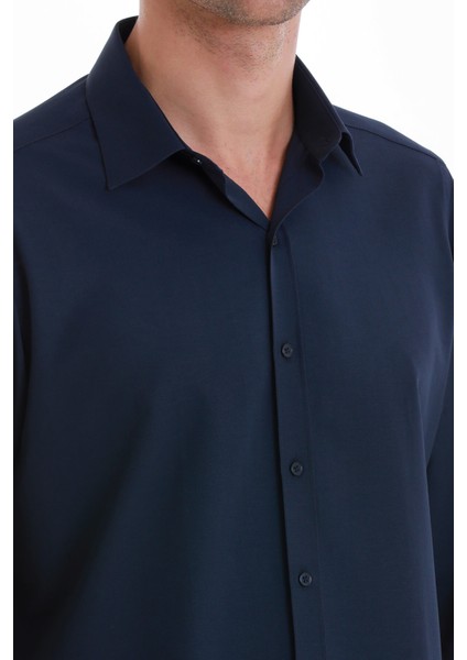 Lacivert Slim Fit Düz Slim Yaka Pamuklu Uzun Kollu Gömlek indirimleri