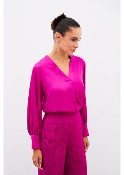 V Yaka Saten Bluz - Fuşya
