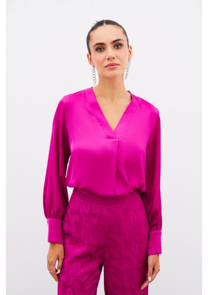 V Yaka Saten Bluz - Fuşya fiyatları