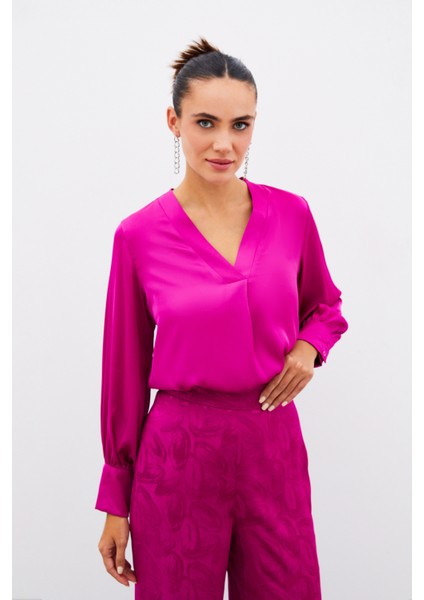 V Yaka Saten Bluz - Fuşya modelleri