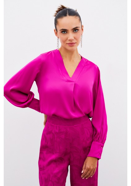V Yaka Saten Bluz - Fuşya fırsatları