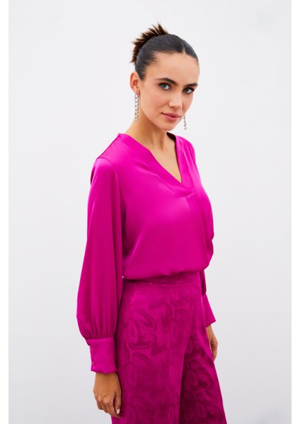 V Yaka Saten Bluz - Fuşya indirimleri