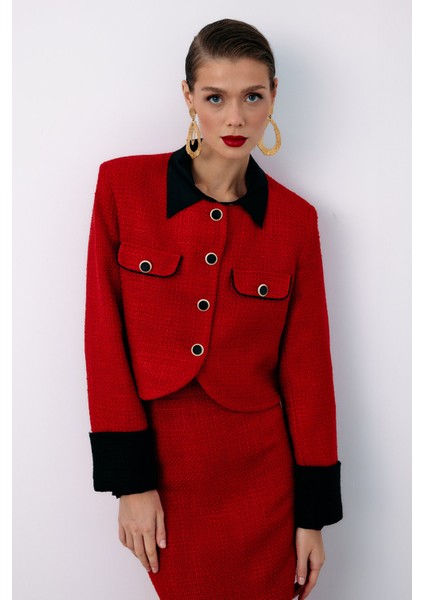 Kontrast Kısa Tüvit Ceket - Kırmızı