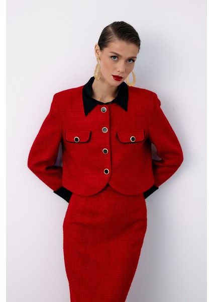 Kontrast Kısa Tüvit Ceket - Kırmızı fiyatları
