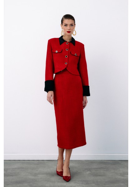 Kontrast Kısa Tüvit Ceket - Kırmızı modelleri
