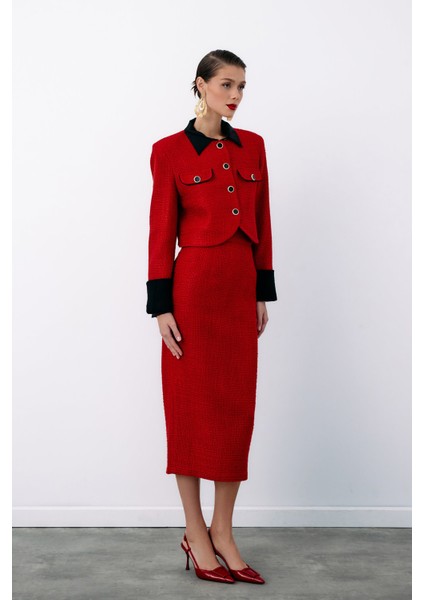 Kontrast Kısa Tüvit Ceket - Kırmızı fırsatları